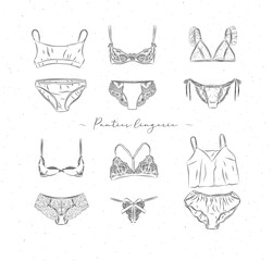 Lingerie set of panties and bras in graphic style, drawn on white background