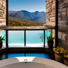 A secluded and romantic bathroom with a Jacuzzi tub for two, stunning views, and champagne on ice3, Generative AI