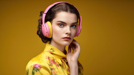 Beautiful young brunette woman in big headphones headset listening to music and smiling. Banner with copy space generative ai