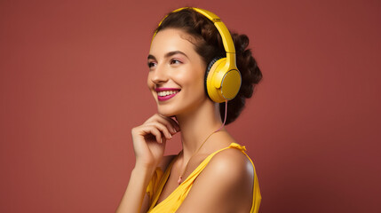 Beautiful young brunette woman in big headphones headset listening to music and smiling. Banner with copy space generative ai