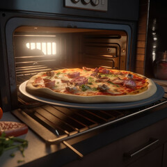 The pizza is heated in the oven. AI generative.