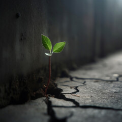 Small plant growing out of a cracked concrete, Created With generative AI