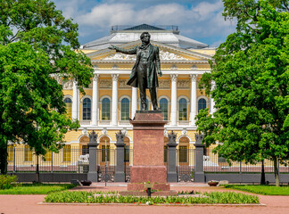 Monument to Russian poet Alexander Pushkin on Culture square and Russian museum at background,...