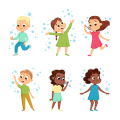 Funny Boy and Girl Playing with Soap Bubbles Vector Set