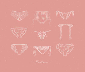 Lace sexy panties collection drawn in graphic style on peach color background
