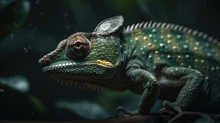 Fototapeta premium close up chameleon lizard face in nature atmosphere, Generative Ai