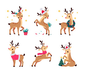 Obraz na płótnie Canvas Baby Reindeer with Antler with Scarf and Garland Vector Set