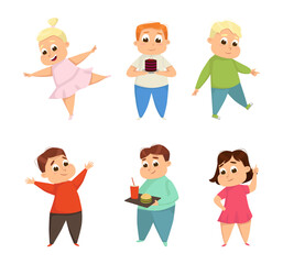 Fototapeta premium Little Boy and Girl with Overweight and Body Fat Vector Set