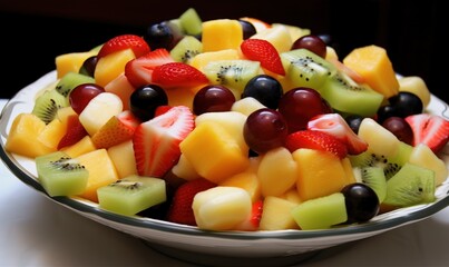 a bowl of fruit is sitting on a table top, ready to be eaten.  generative ai