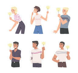 Happy Man and Woman Character with Festive Sparkler in Hands Celebrating Holiday Vector Set