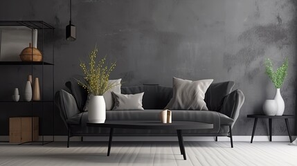 beautiful modern minimalism contemporary interior with sofa and grunge wall, bare, concrete cement wall, Generative Ai