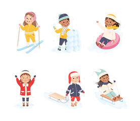 Excited Boy and Girl Enjoying Winter Outdoor Activity Vector Set