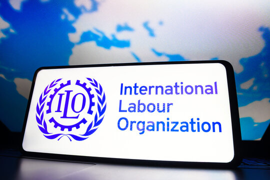 March 23, 2023, Brazil. In this photo illustration, the International Labour Organization (ILO) logo seen displayed on a smartphone screen.