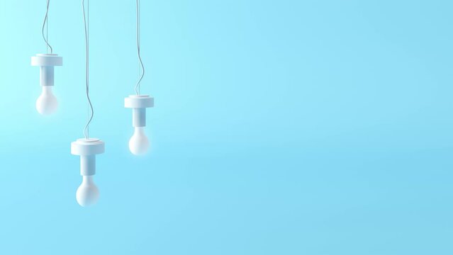 Glass light bulbs hang on white wires and light up and glow in turn. Isolated on a pastel blue background, copy space for your text. Banner template, the idea of innovation, education.