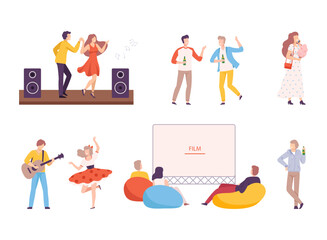 People Characters in City Park Enjoying Summer Weekend Vector Set