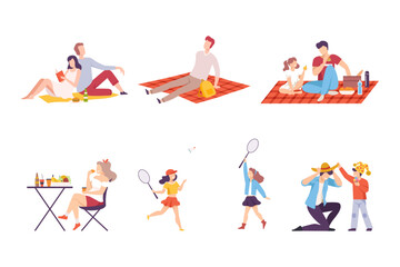 People Characters in City Park Enjoying Summer Weekend Vector Set