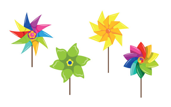 Vector illustration of windmill toy on a stick in cartoon style. Handmade multi-colored paper ornaments. Beautiful gift, souvenir. Origami