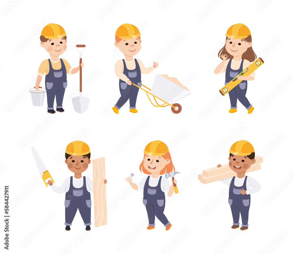 Sticker Smiling Girl and Boy Builder in Hard Hat and Overall Vector Set