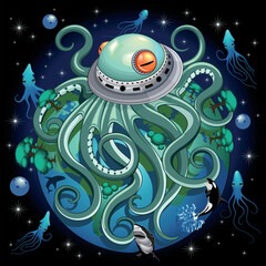 Octopus Alien Spaceship Fantasy Creature floating in Surreal Space Universe with fluorescent squids Vector illustration