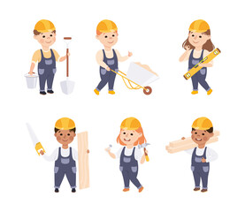 Smiling Girl and Boy Builder in Hard Hat and Overall Vector Set
