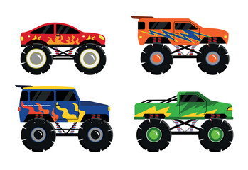 Fototapeta na wymiar Vector illustration of a monster truck machine in cartoon style. Collection of colored cars isolated on white background. Trucks for racing. With obstacles.
