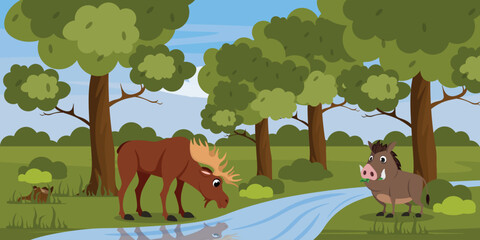 Vector illustration of a forest plantation in cartoon style. Forest landscape with green trees, a flowing stream and animals near the water Elk and wild boar wild nature,fauna.