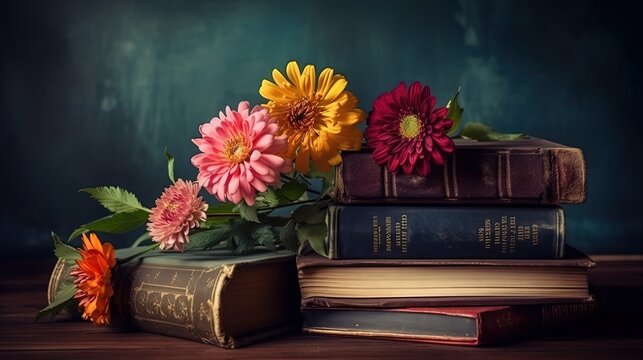 vintage books stack on table with flower bouquet, Generative Ai