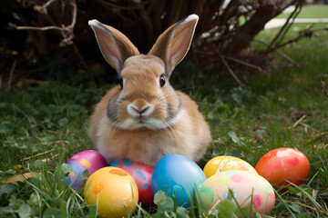 easter bunny with colored easter eggs, generated with ai/ki