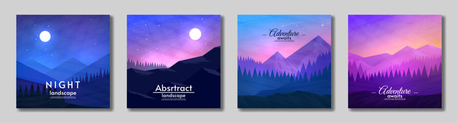 Fototapeta na wymiar Vector illustration, flat style. Set landscapes card. Minimalistic design for card, banner, postcard, gift card. 