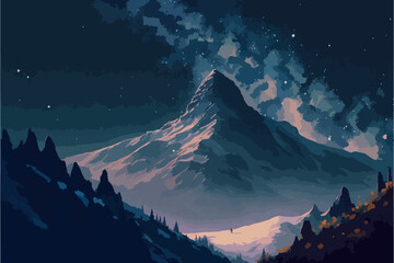 Milky way over the mountain. Fantasy magical landscape. Vector art painting of hand drawn scenery. Concept art for video games. Moody and romantic night sky. Stars and snowy mountains. Nature forest.
