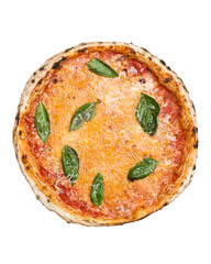 Pizza with cheese, tomato sauce and basil baked in charcoal oven. Italian, Mediterranean cuisine. View from above. Copy space. Isolate on white background. 