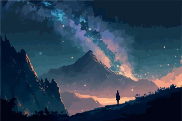 Gordijnen Milky way over the mountain. Fantasy magical landscape. Vector art painting of hand drawn scenery. Concept art for video games. Moody and romantic night sky. Stars and snowy mountains. Nature forest. © Fortis Design