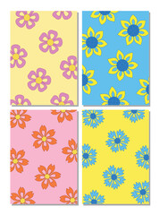 Abstract flower posters. Trendy botanical wall arts with floral design.  Set of seamless patterns, colored background. Modern geometric textures. 90s 80s 70s. Retro textile backgrounds. Trendy design