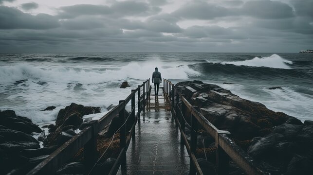 a man at end way of wooden pier facing wave crashing during storm, Generative Ai