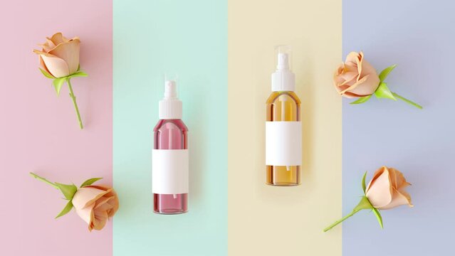 Serum glass bottles cosmetic animation on pastel stripes table, copy space, top view. Beauty bottles mockup, pink and orange glass with liquid. Decorated by flowers. 3d render illustration.