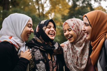 A group of young muslim women wearing headscarves having fun together. Generative ai - obrazy, fototapety, plakaty