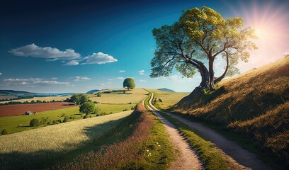Fototapeta premium a painting of a tree on a hill with a dirt road. generative ai