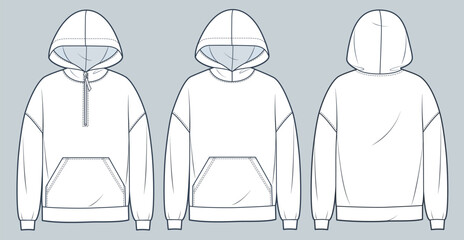  Set of Hoodie technical fashion illustration. Hooded Sweatshirt fashion flat technical drawing template, pocket, zip-up, front and back view, white, women, men, unisex CAD mockup set. © Liubov Hladka