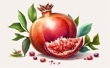 A drawn pomegranate on white background watercolor fruit organic food illustrations Generative AI