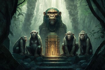 Illustration of a group of monkey in a jungle at night, gathered around religious stone totem, Cult, religion concept. Generative AI