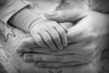 Child holding mothers hands, black and white