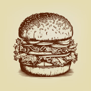 Double hamburger with lettuc and tomatoes. Woodcut engraving style hand drawn vector illustration. Optimized vector. 
