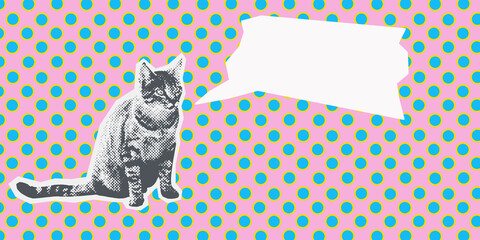 Contemporary digital collage art. Modern trippy design. Cat and dialogue