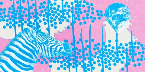 Rolgordijnen Contemporary digital collage art. Modern trippy design. Zebra and abstract creative background © Porechenskaya