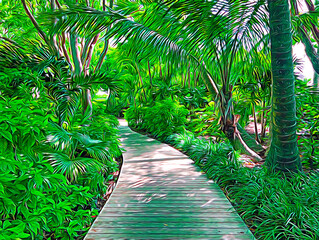 An illustration of a wooden pathway in a State Park in the tropical Florida Keys.