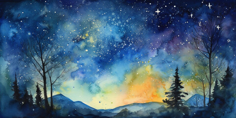 A watercolor painting of a starry night sky inspired Generative AI Digital Illustration Part#24032