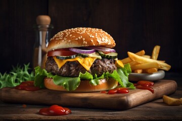 Juicy Beef Burger on rustic Wooden Table