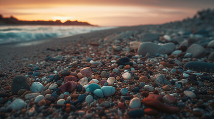 Colorful pebbles on the beach at sunset. Shallow depth of field.generative ai