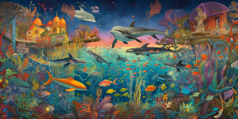 Obraz na płótnie Canvas A whimsical underwater world with vibrant coral schools Generative AI Digital Illustration Part#24032