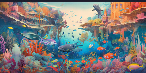 A whimsical underwater world with vibrant coral schools Generative AI Digital Illustration Part#24032